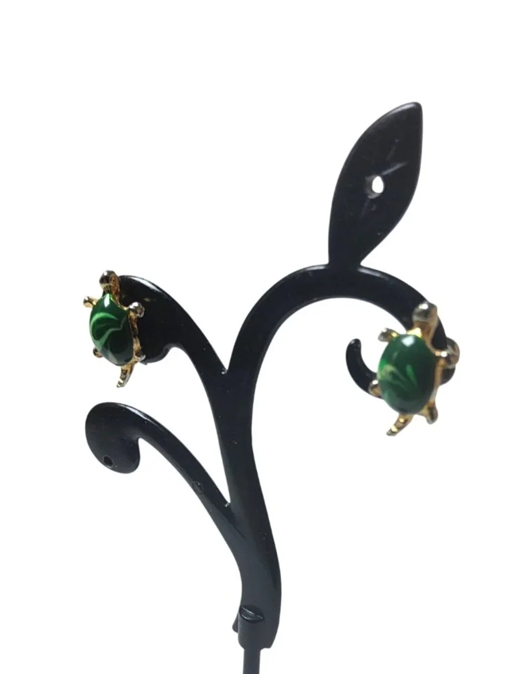 vintage gold tone acrylic green w/white swirl turtle shell turtle earrings.